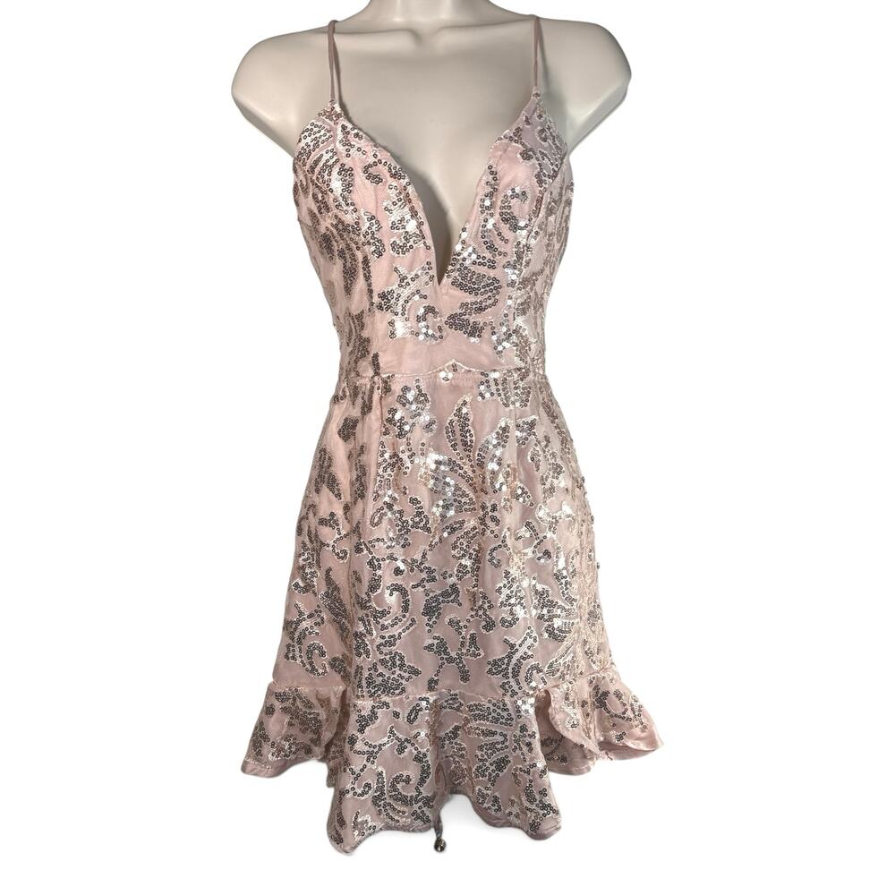 Selfie Leslie Rose Gold Sequin Mini Dress Lace Up Back Pink Ruffle Hem Medium - Picture 1 of 7